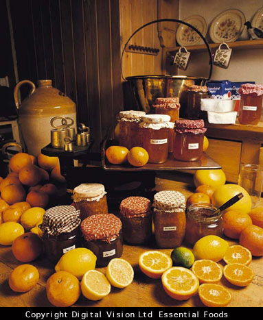 Digital image of preserves and citrus fruits.
